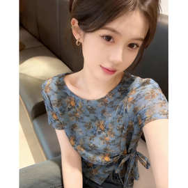 洋气碎花绑带短袖长袖T恤女夏季新款显瘦网纱打底罩衫气质上衣潮