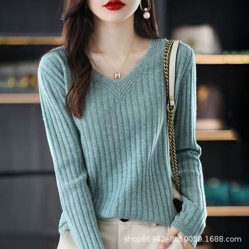 V-Neck Pullover Long-Sleeved Knitted Bottoming Shirt Women's Sweater Autumn and Winter Versatile Inner Sweater Top V-Neck Pullover Long-Sleeved Knitted Bottoming Shirt Women's Sweater Autumn and Winter Versatile Inner Sweater Top