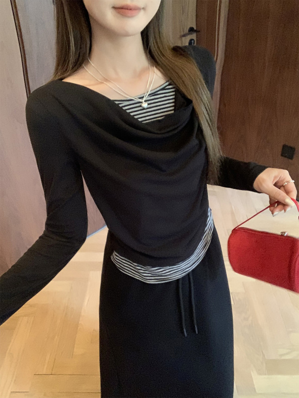 荡领撞色拼接假两件长袖T恤女早秋穿搭内搭打底抽褶修身显瘦上衣|undefined