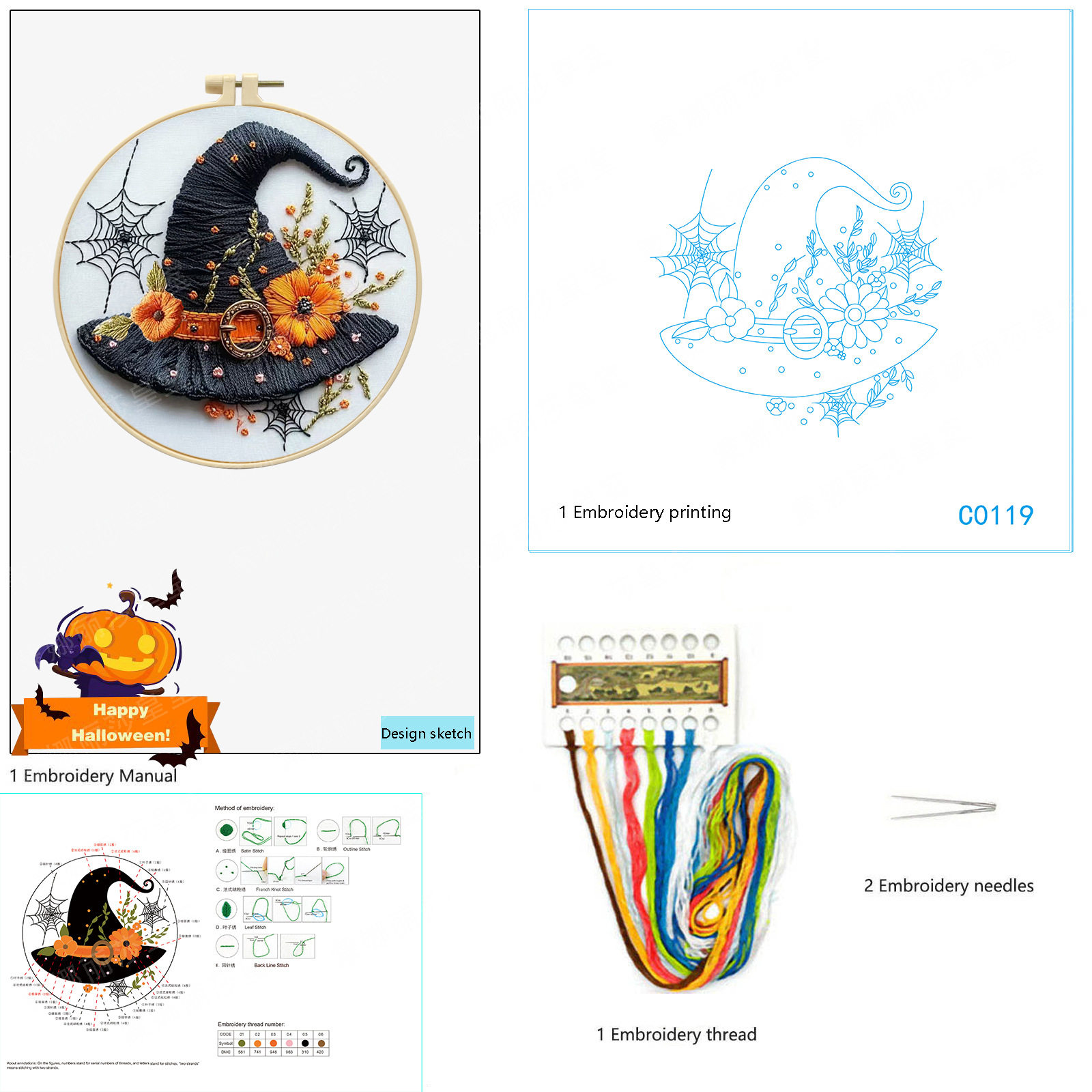 Nuevos productos transfronterizos bordados Halloween fantasma sombrero gato negro conjunto bordado hecho a mano material DIY bordado al por mayor