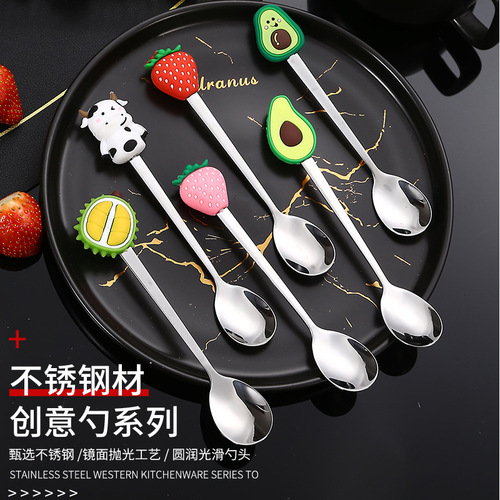 Stainless steel tableware creative cartoon fruit silicone handle spoon coffee stirring dessert cake stainless steel spoon