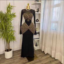 现货2025秋季跨境欧美印花拼接褶皱紧身长裙女气质长袖黑色连衣裙
