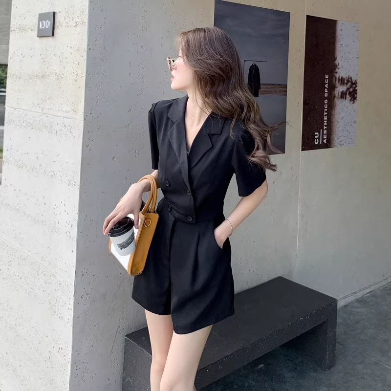 夏季新款法式小个子高级感气质高腰连身衣裤西装领连体裤一整套女