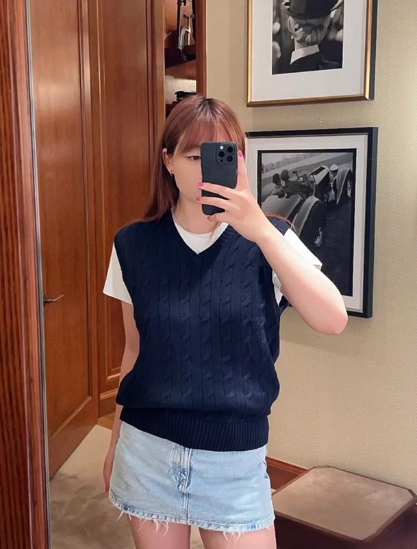 RL ラフ刺繍ポニーマーク V ネックベストセーターツイストセーターシンプルで多用途なツイストベストレディーストップ|undefined