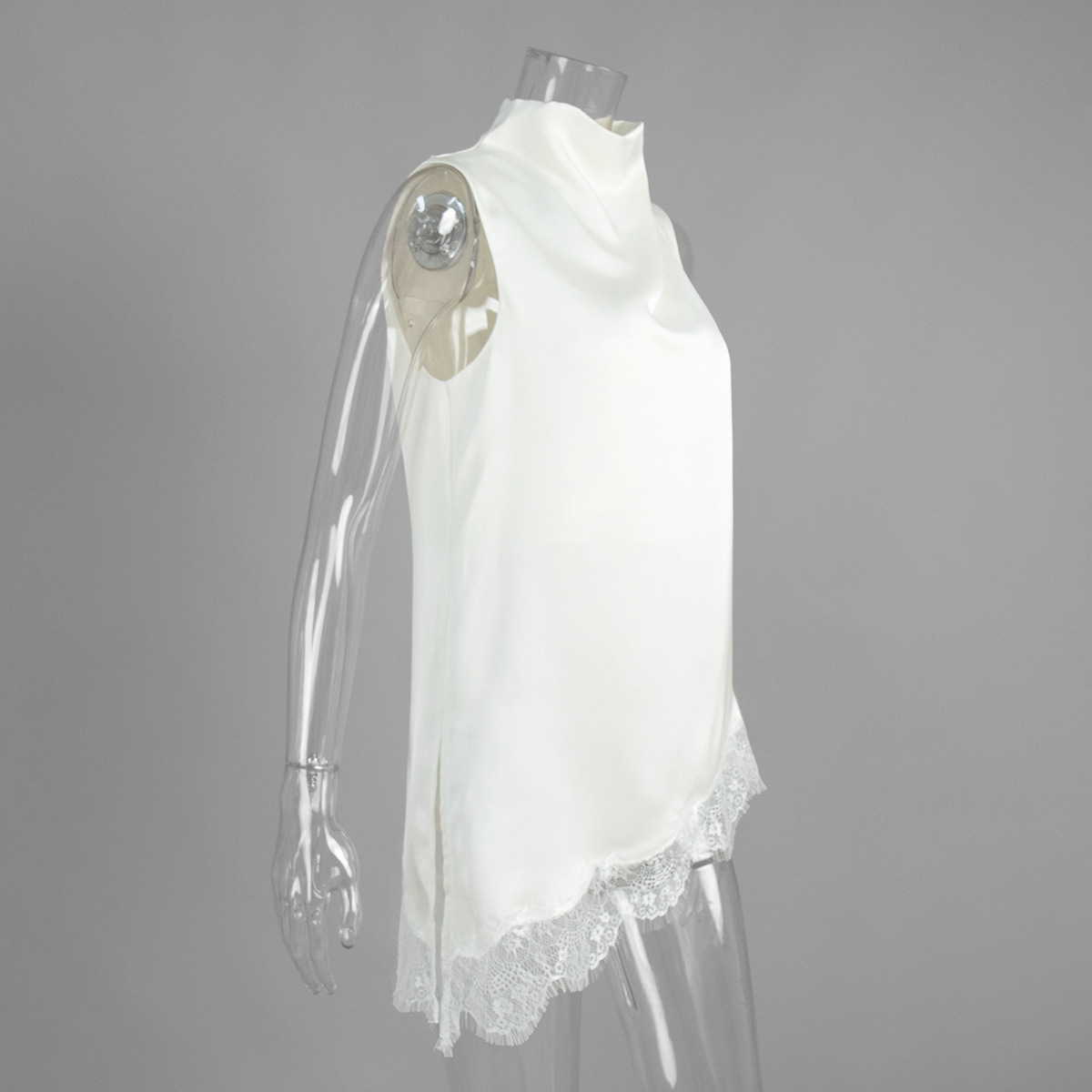 Ärmelloses Satin-top Mit Rollkragen Und Spitzenbesatz Für Damen_voghion.com