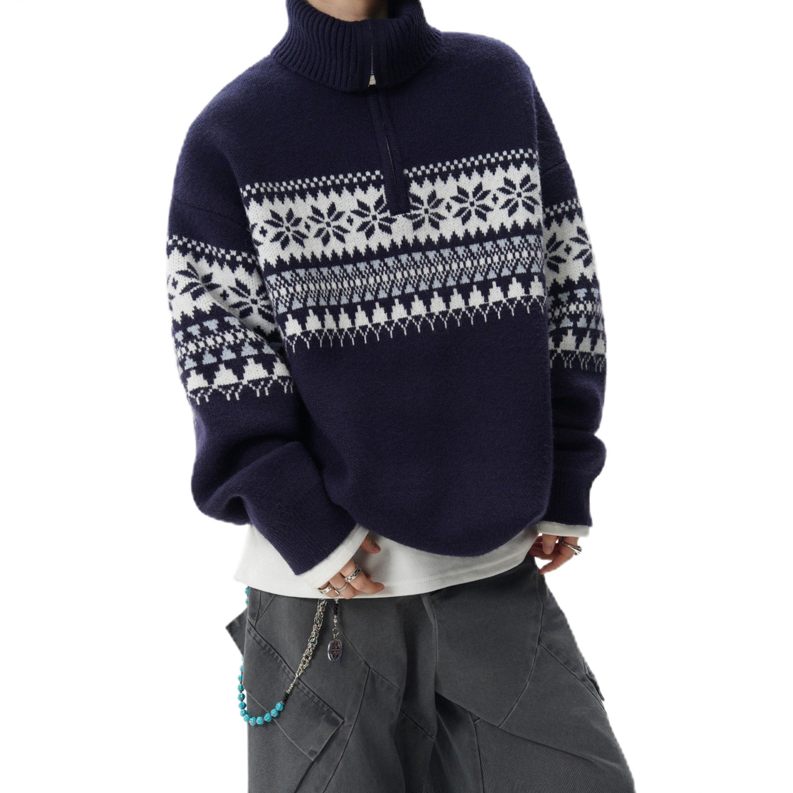 Explosiones transfronterizas de tamaño europeo tamaño grande Fair Island Jacquard suéter de punto de Navidad hombre medio cremallera fábrica de collar al por mayor