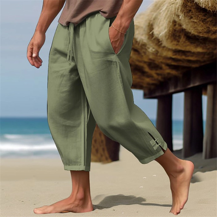 Men's linen summer beach pants, solid color with slit cuffs for comfort, breathability, leisure, daily vacation pants_voghion.com