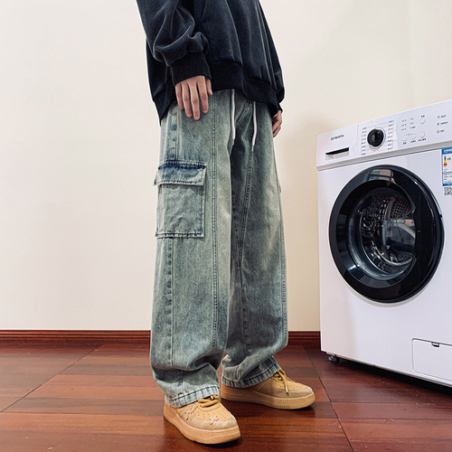 Vintage Yellow Clay Dye Drawstring Workwear Jeans for Men - Design-Focused, Elastic Waist, Loose Fit, Straight Leg, Casual Pants