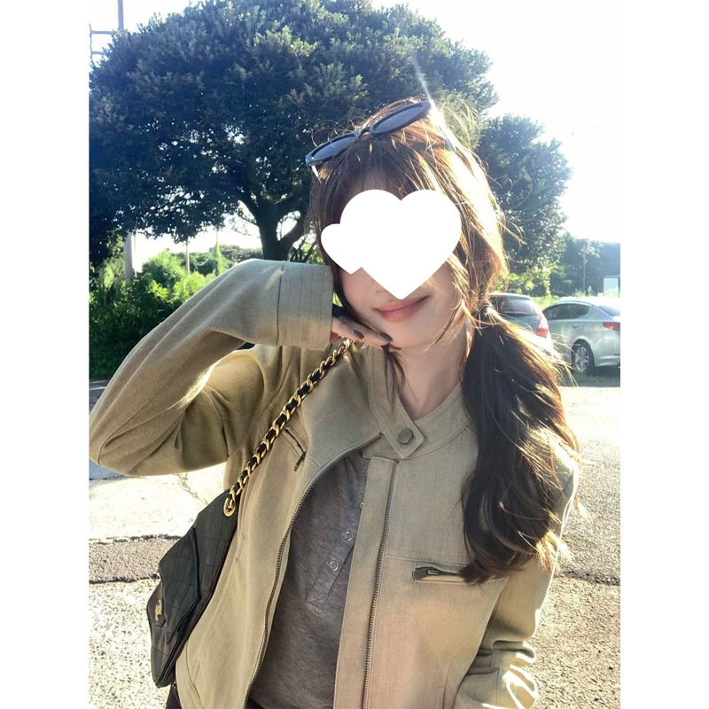 im向 曼哈顿暮色’设计感撞色拼皮粉色皮衣外套女秋季/水洗棉夹克|undefined