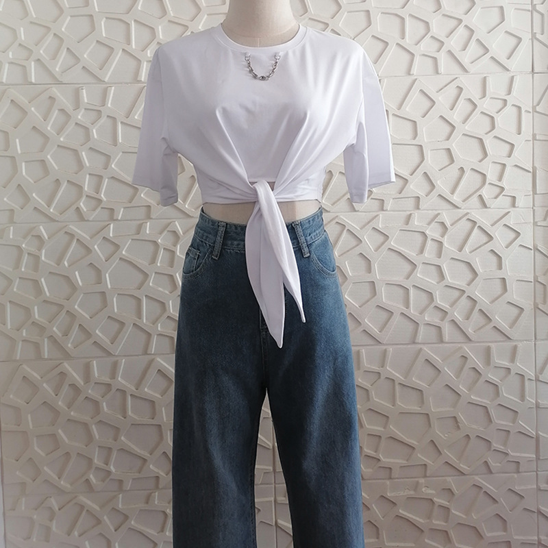2023 Women's Summer New White Strap Casual Navel Cotton Short-sleeved T-shirt Waist Retro Jeans Women