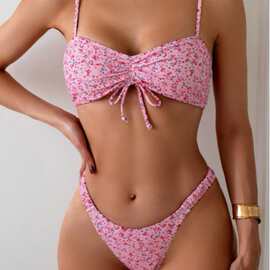 欧美新款小碎花抽褶分体比基尼性感高叉bikini泳衣女跨境亚马逊