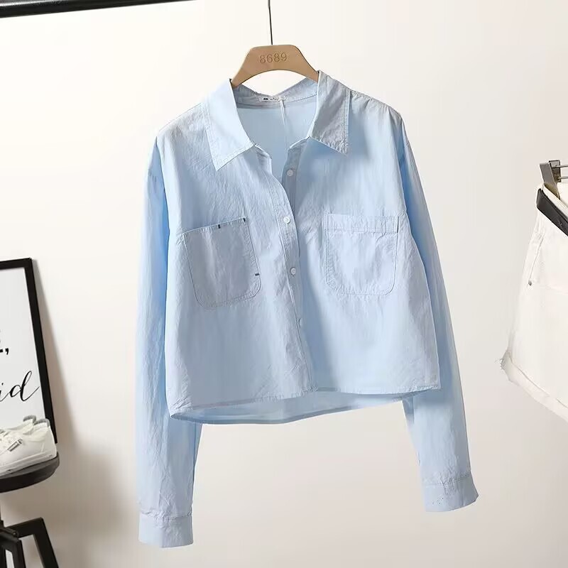 Trendy and Unique Light Blue Short Shirt for Women, Spring Korean Style, Loose Fit, Double Pocket, Long Sleeve Blouse