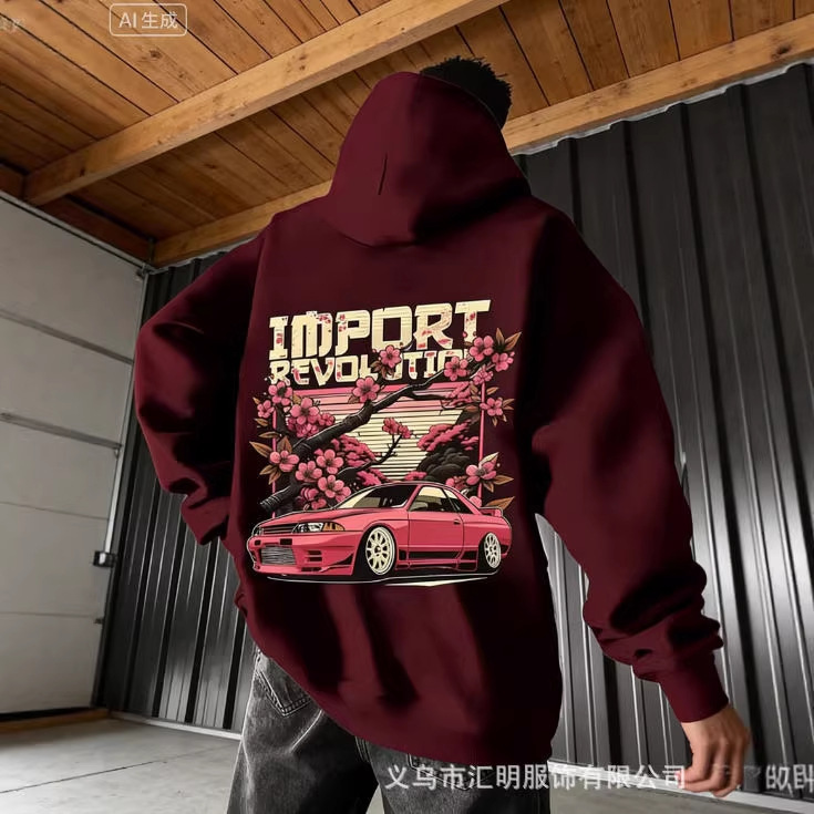 2026 New Cross-Border Spring and Autumn Style Burgundy Jdm Cherry Blossom Sports Car Retro Print Trendy Brand Hooded Sweatshirt