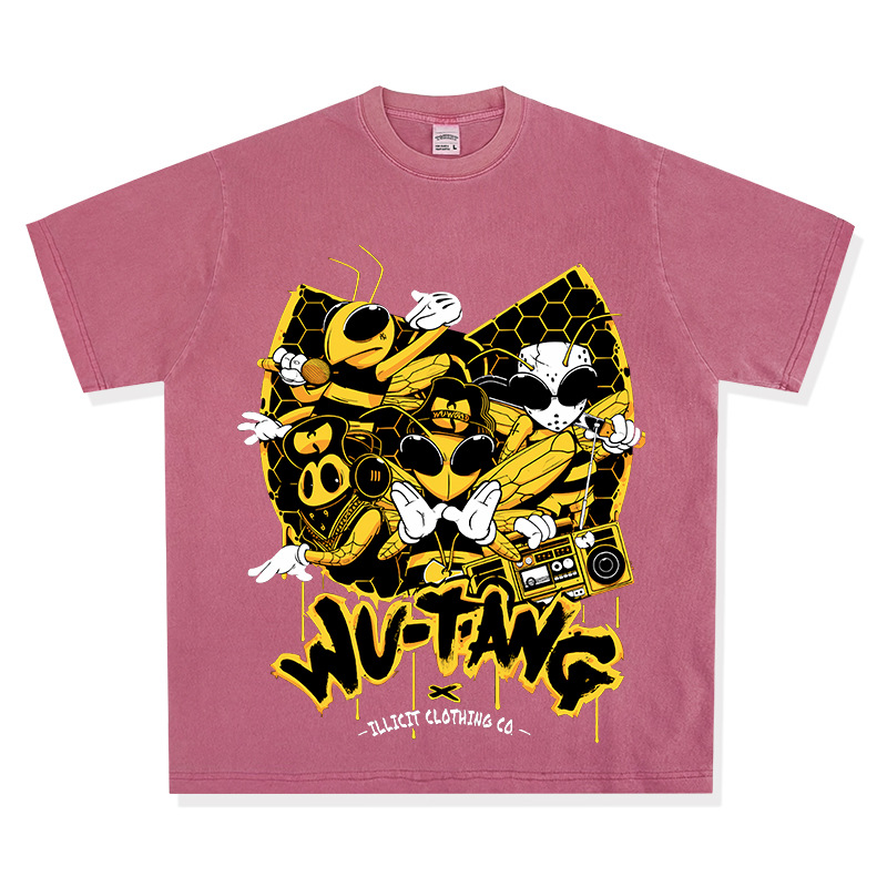 Wu-tang camiseta de manga corta retro americana con estampado lavado y desgastado suéter con capucha y cuello redondo suelto de algodón pesado