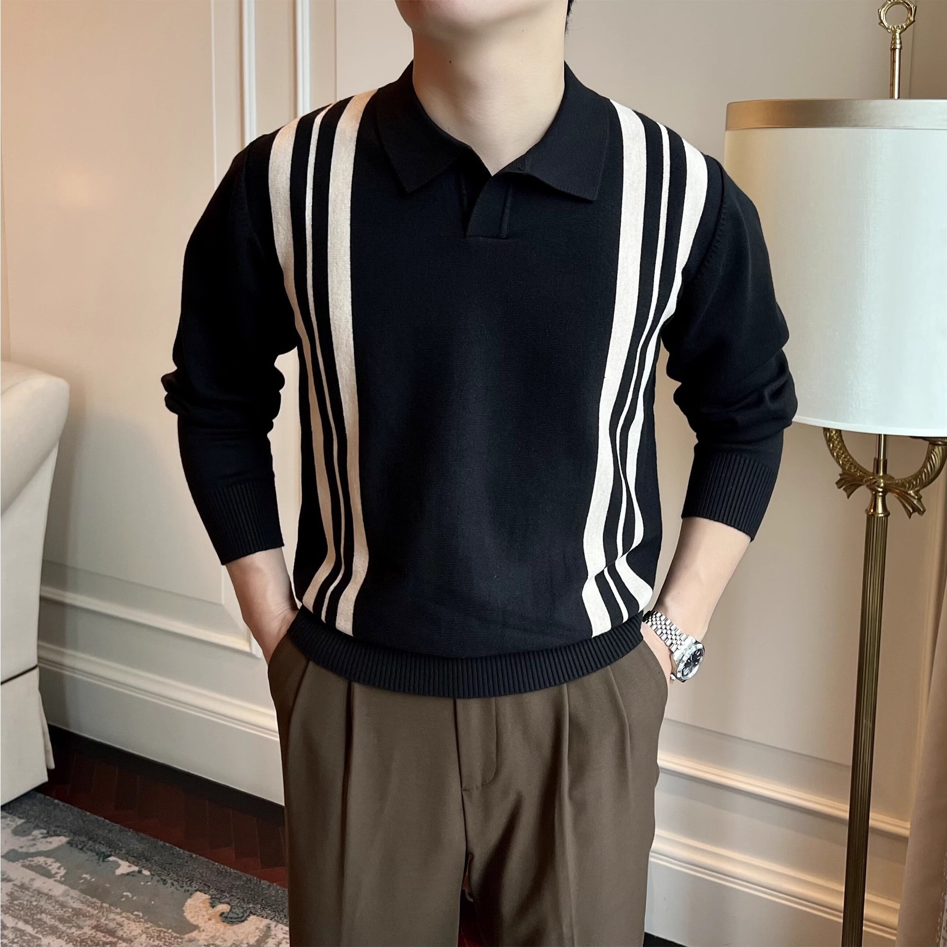 Primavera y otoño nuevo suéter hombre retrógrado a rayas británicas contraste delgado camisa de punto de negocios casual polo