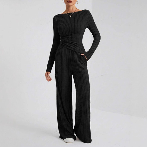 Two-Piece Set of Loose High-Neck Knit Long-Sleeve Trousers with Side Waist Adjustment, Pure Color for Autumn and Winter Leisure in Europe and America