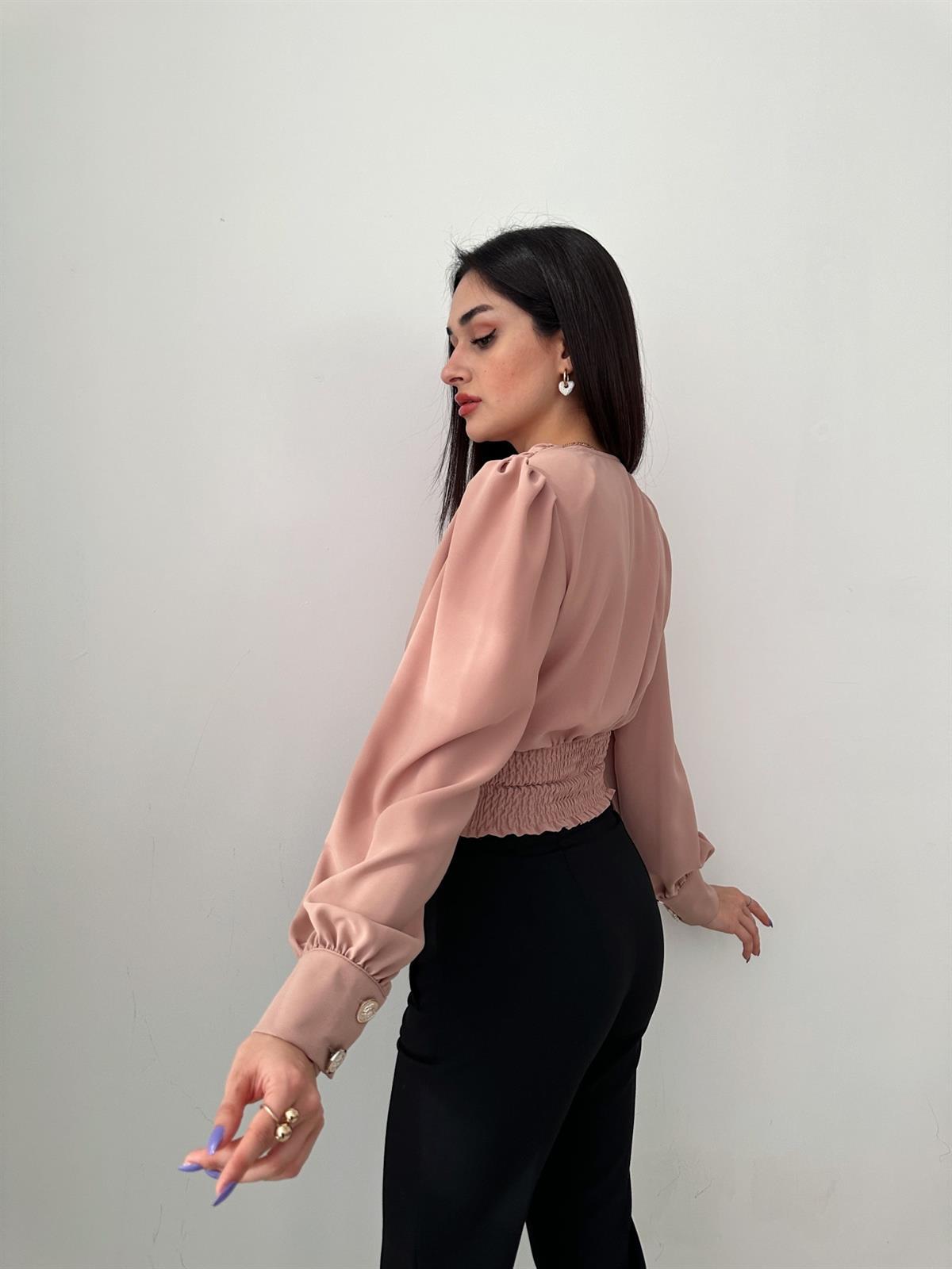 Blouse Tops Type Daily, Street Occasion V Neck Neckline Wholesale Women'S Elegant Classic Style Solid Color Long Sleeve Popover Pleated Blouses