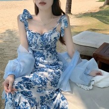 網紅連衣裙女夏新款法式赫本風高端海邊旅游度假拍照吊帶長裙女潮