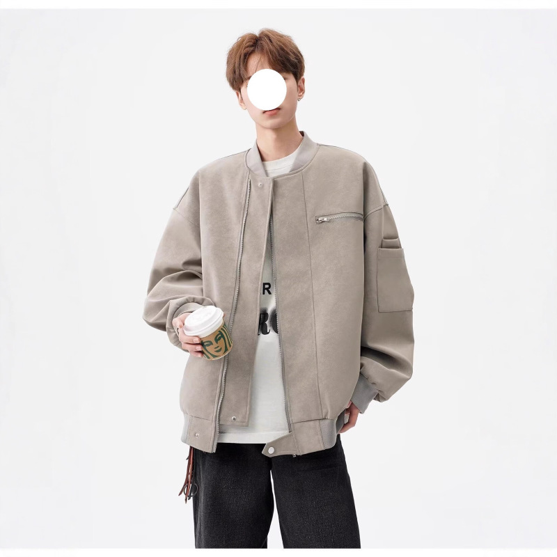 美式vintage棒球服男秋高街痞帅扎染皮夹克设计感短款工装外套潮|undefined