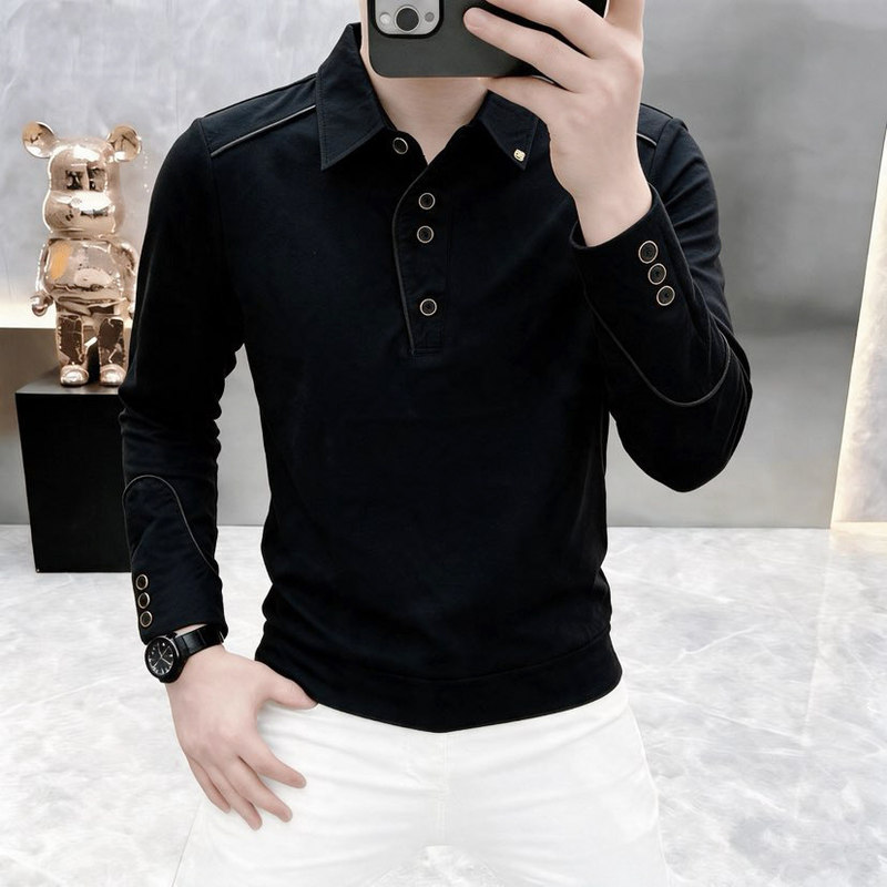 Stylish cut-line long-sleeve T-shirt for men, autumn trendy slim-fit polo shirt with a light luxury design