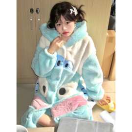 可爱趣味搞怪小丑鱼珊瑚绒睡衣女冬季连帽睡袍加厚保暖家居服睡裙