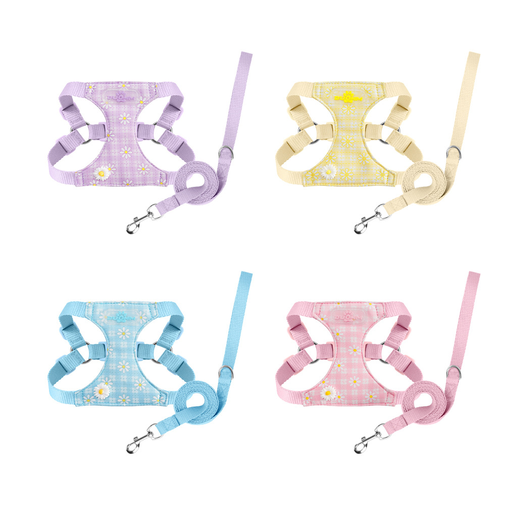 Gänseblümchenmuster, kleine Hundeleine, Ausbruchsicherung, Geschirr, Bichon Frisé, lässige Nylon-Sicherheitsgurt-Leine_voghion.com