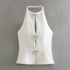 Myst&Za女裝2024春季新款時尚珠寶蝴蝶結飾掛脖領上衣 2793777