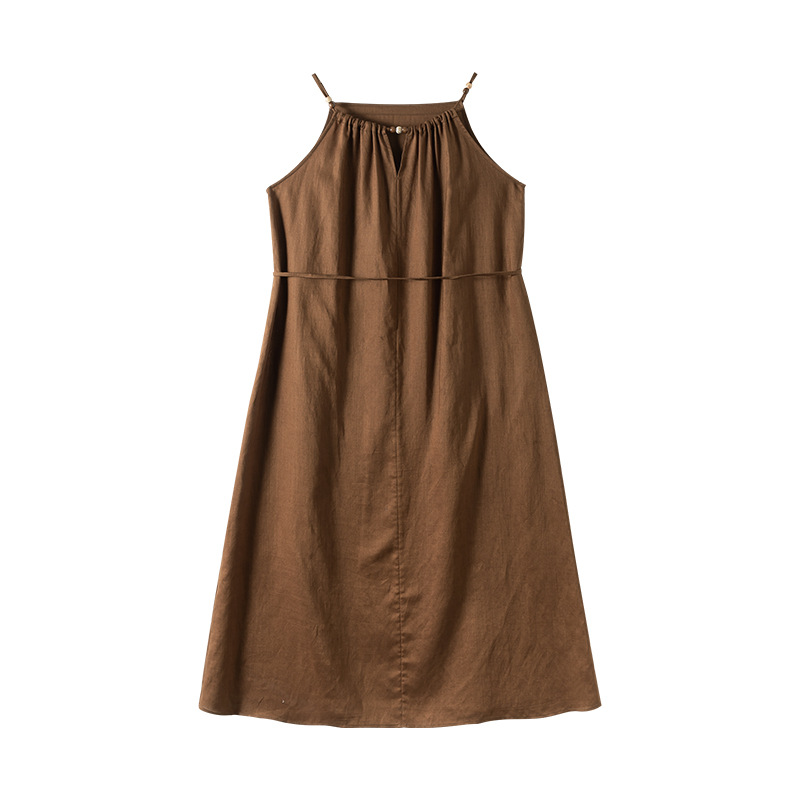 Váy maxi hai dây đính cườm phong cách nghỉ dưỡng, dáng chữ A rộng rãi, chất Tencel phối sợi gai mỏng mùa hè — Màu caramel