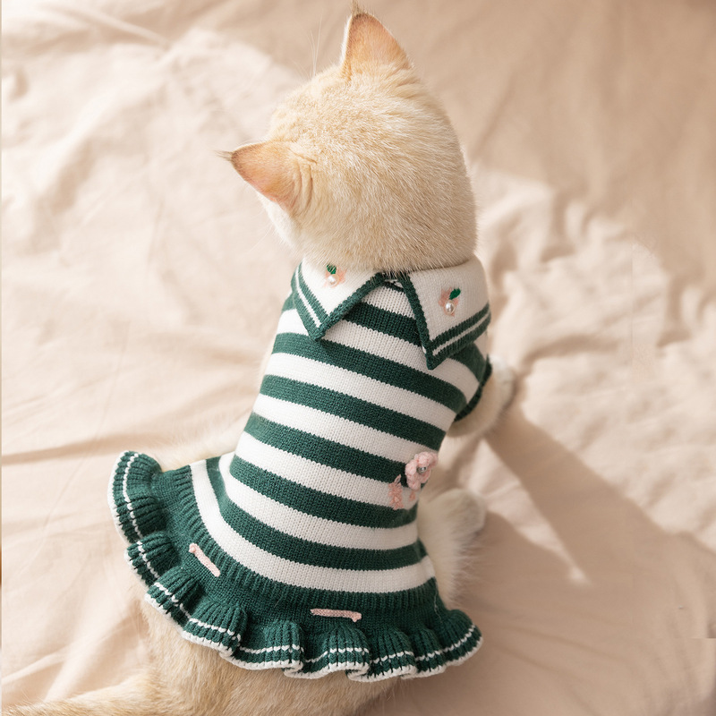 秋冬季猫咪衣服学院风条纹花朵针织毛衣加厚保暖中小型犬宠物服装|undefined