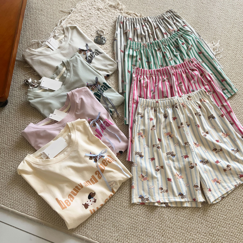 Letter Dog Cartoon Homewear for Women Summer Pure Cotton Casual Loose Short Sleeve Top and Striped Shorts Two-Piece Set