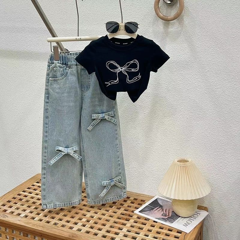 Girls Jeans Summer Suit 2025 New Medium and Large Kidsren Thai Short-Sleeved T-Shirt Summer Fashionable Two-Piece Set
