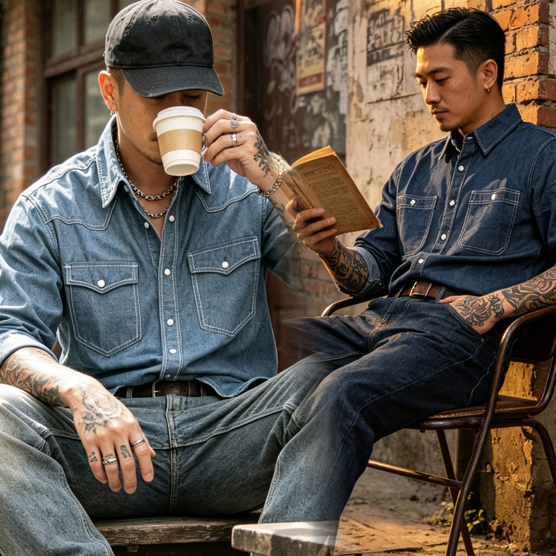 OKONKWO Chambray Oxford Long Sleeve Shirt American Western Shirt