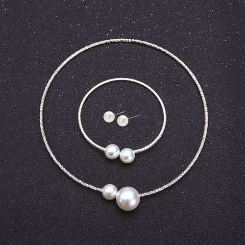 European and American Jewelry Minimalist Clavicle Necklace, Earrings, Bracelet Set Diamond-encrusted Large Pearl Open Necklace Jewelry
