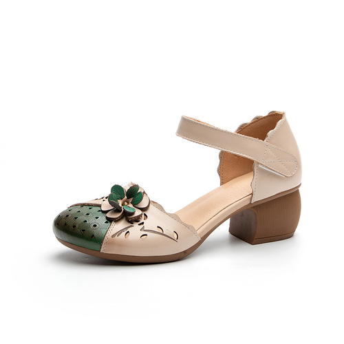  Summer New Women's Medium Hollow Sandals Ethnic Style Top Grain Leather Thick Heel Magic Tape Flower Embroidered Colorful Shoes