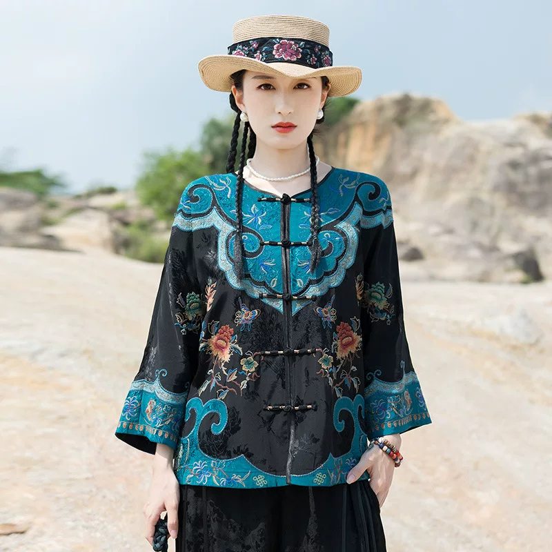 Осенняя этническая куртка, этнический стиль, круглый воротник, с вышивкой, свободный крой