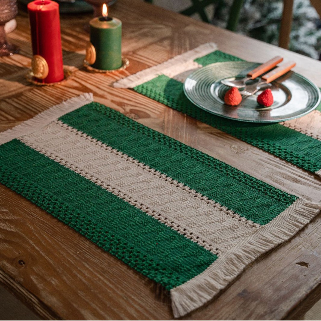 Yi qiyun cuerda de cáñamo placemat vacaciones vajilla estera tejida color a juego rayas borla tazón estera suministro directo de fábrica