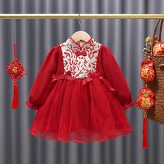 女童喜慶年服加絨洋氣中國風紅色漢服冬裝小童過年寶寶拜年服