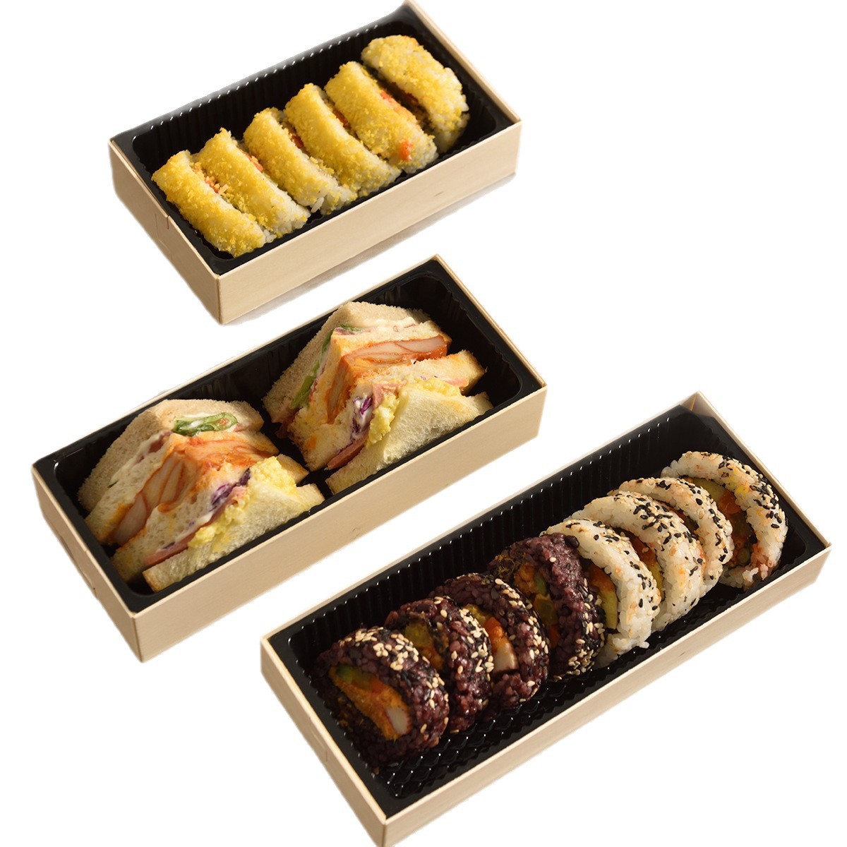 Caja de embalaje desechable de sushi japonés, caja de embalaje de sándwich de salmón de madera de alta calidad