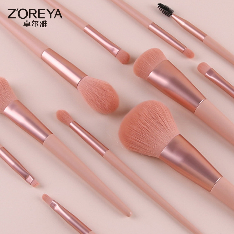 Zhuolya cepillo de sombra de ojos bolsa de cosméticos rizador de pestañas polvo suelto sombra de ojos rubor cepillo Rosa mango de madera 11 cepillos de maquillaje traje
