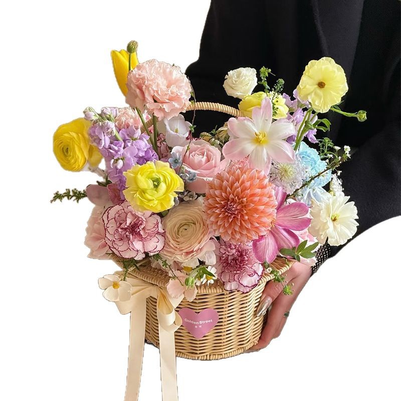 Cesta de flores tejida con forma de sombrero, ramo de flores frescas, cesta de mano, regalo creativo hecho a mano para días festivos, materiales de arte floral DIY.