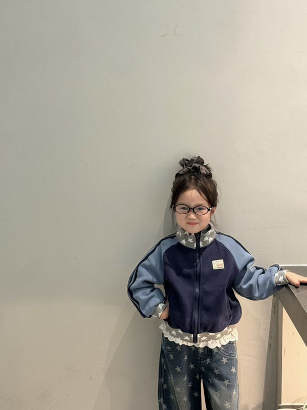 女童2025秋季新款印花长袖加绒外套花边打底衫加绒牛仔裤三件套潮|undefined