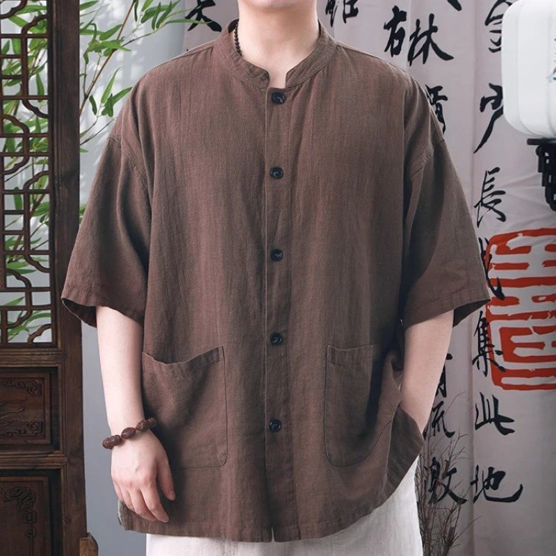 Summer New Chinese Style Tops Men's Short-Sleeved Shirts Chinese Retro Stand-Up Collar Casual Shirts Loose and Versatile Tops