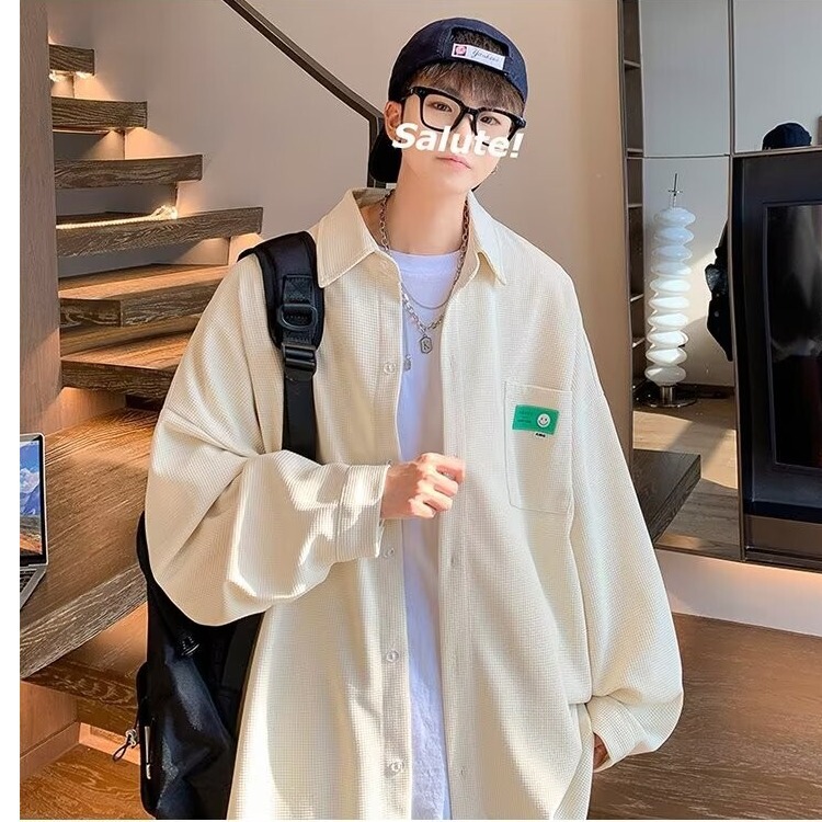 Men's Spring and Autumn Hong Kong Style Student Loose Shirt Jacket with Waffle Texture, Thin and Fashionable