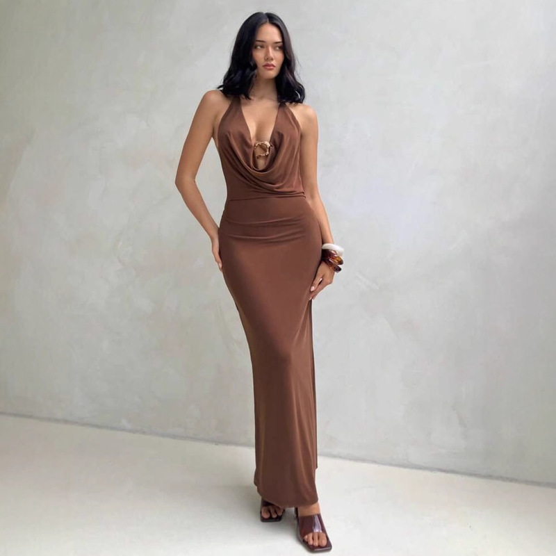 Cross-Border Foreign Trade Design Women's Clothing European and American Sexy Sexy Slim Backless Deep V Halterneck Long Dress