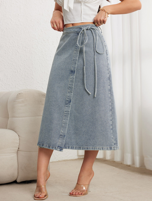European and American Cross-Border Women's Denim Wrap Skirt with Side Ties, Vintage Slit Mid-Length Denim Skirt, Chenille Denim