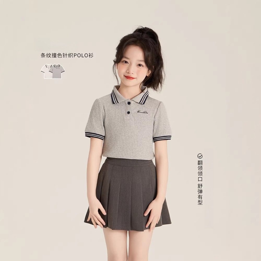AINI Girls' Korean Style Short-Sleeve Polo Shirt with Embroidered Stripes and Small Collar - Preppy Style
