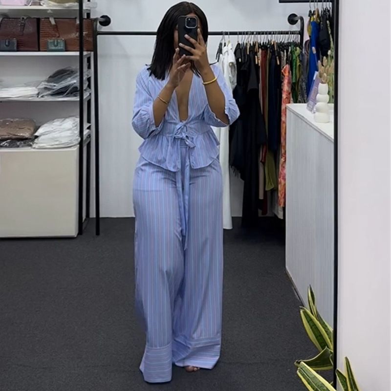 Women's Clothing Women's Sweet V Neck Striped Shirt And Wide Leg Trousers Casual Set Style Spring For Formal & Casual For Women_ecoleips.com