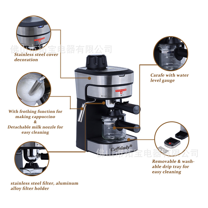 Máquina de café de acero inoxidable italiano máquina de café de presión de espuma de leche semiautomática hogar 3.5bar bomba hogar