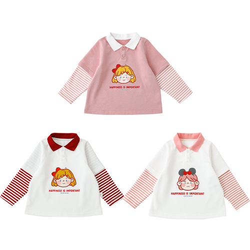 Wuli Buyi Girls' fake two-piece autumn casual T-shirt Korean style striped small lapel cartoon printed T-shirt top