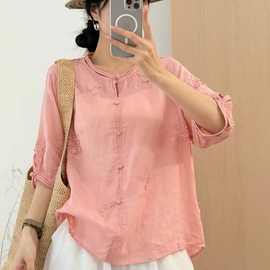 花社2026夏季新款苎麻立体绣花圆领宽松时尚甜美女士休闲百搭开衫
